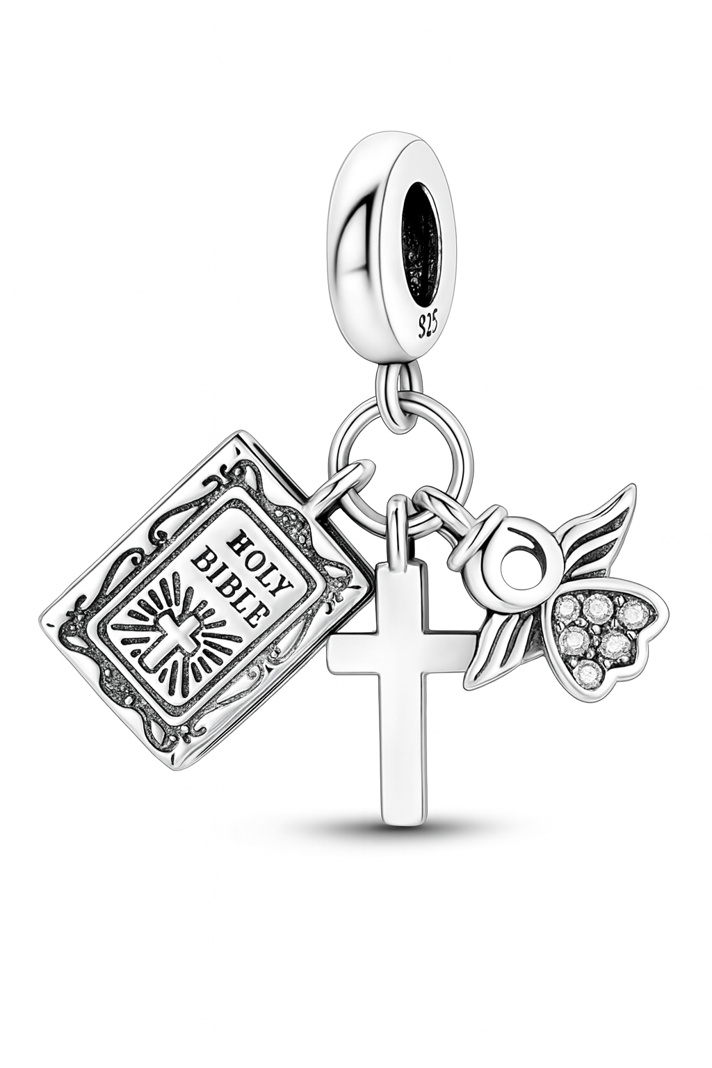 Sterling Silver "Faith & Protection" Charm with Bible, Cross, and Angel