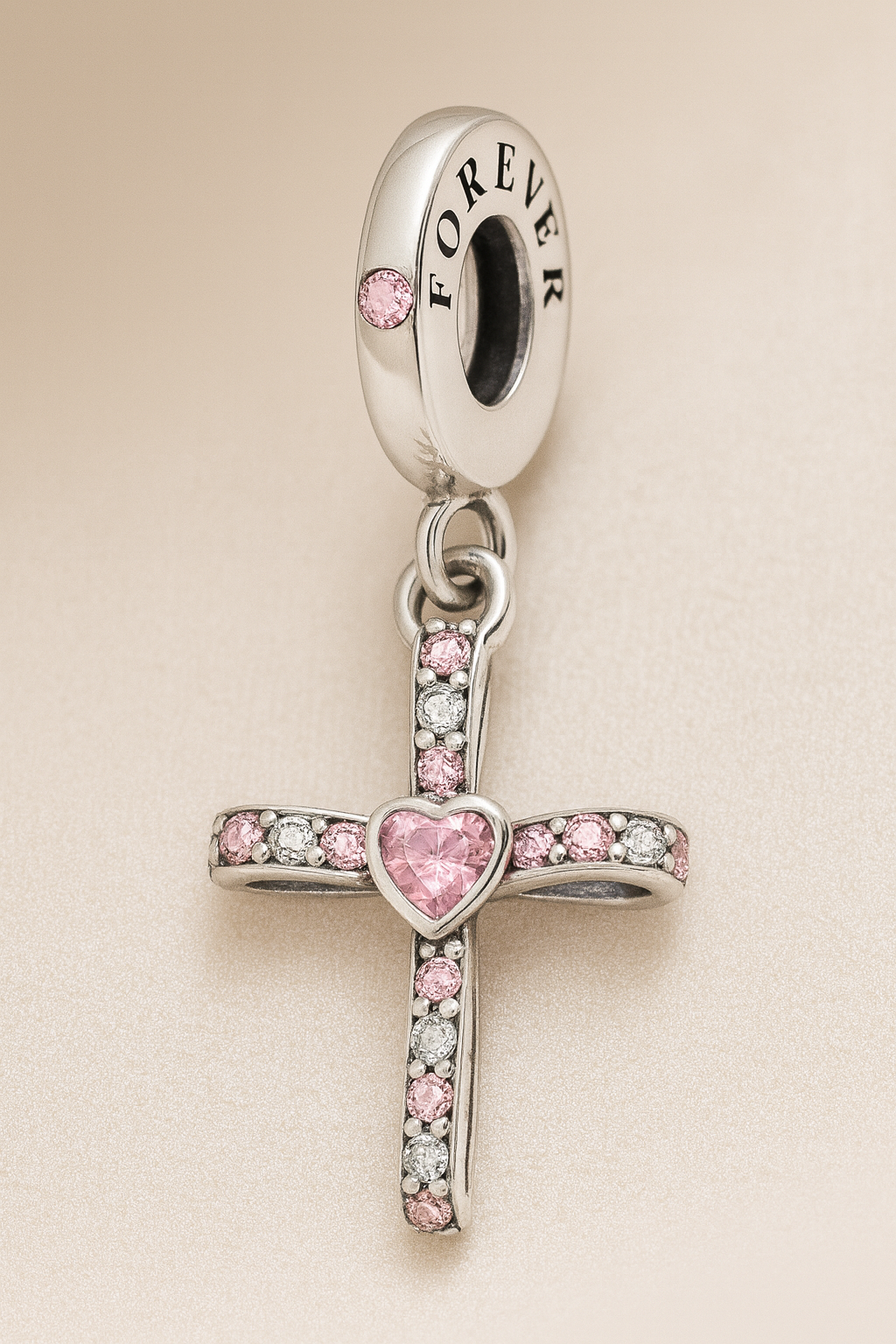 Forever in Faith" Pink Heart Cross Charm