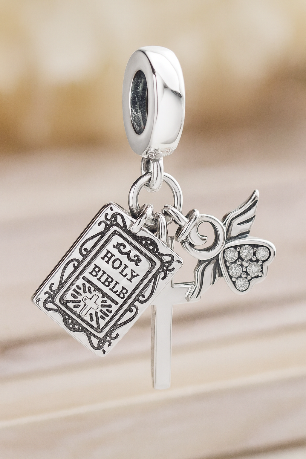 Sterling Silver "Faith & Protection" Charm with Bible, Cross, and Angel