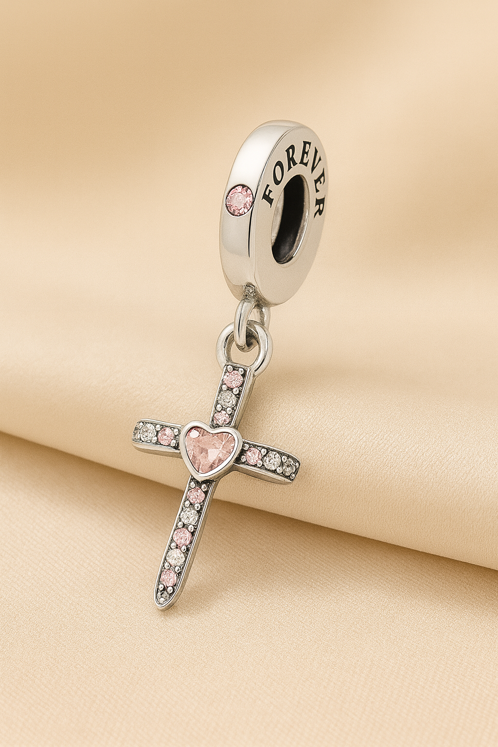Forever in Faith" Pink Heart Cross Charm