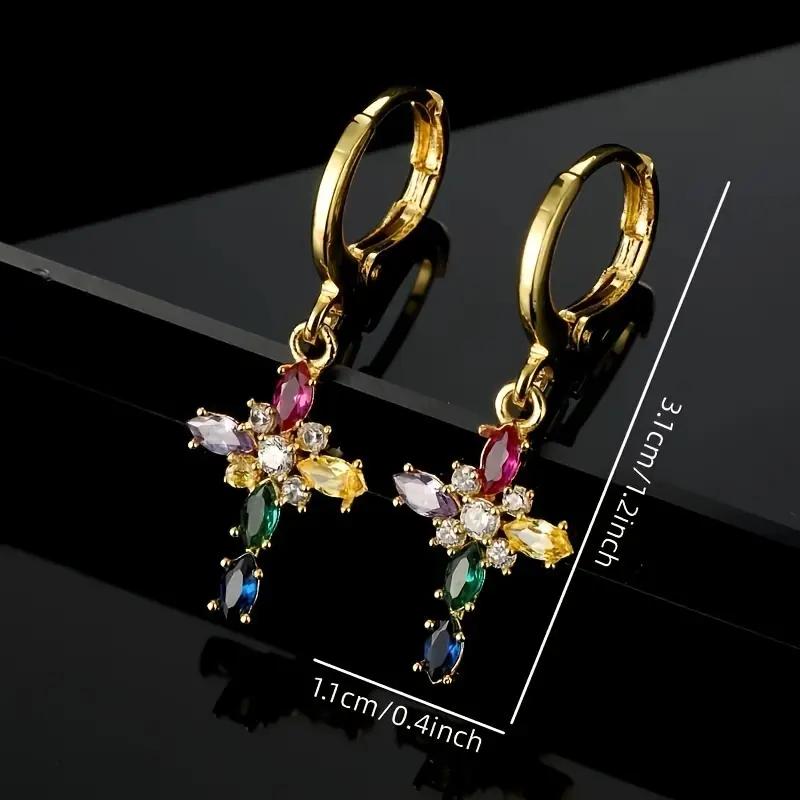 Vintage Boho 14K Gold Cross Drop Earrings with Zirconia