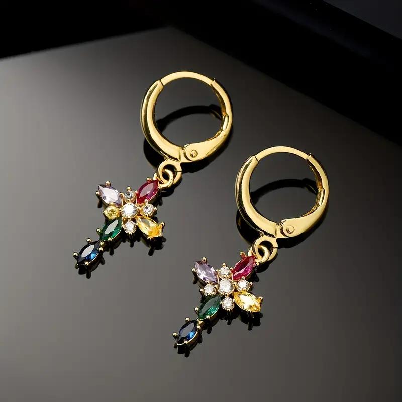 Vintage Boho 14K Gold Cross Drop Earrings with Zirconia