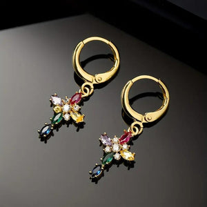Vintage Boho 14K Gold Cross Drop Earrings with Zirconia