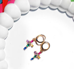 Vintage Boho 14K Gold Cross Drop Earrings with Zirconia